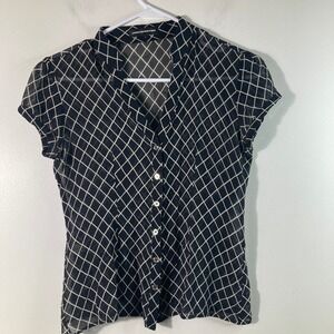 Womens Express Design Studio Silk Button Shirt Black Cream Geometric‎ S Silk